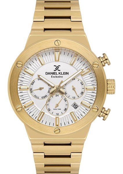 DKE.1.13996.6 Altın Gold Beyaz Aktif Fonksiyonlu Çizgili Premium Kadran Çelik Kordonlu Erkek Kol Saati