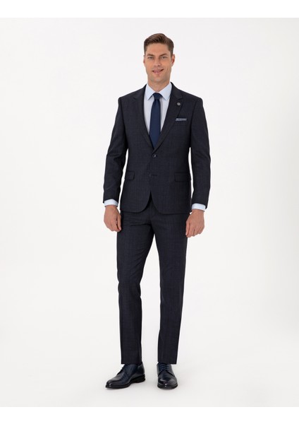 Erkek Lacivert Slim Fit Yün Karışımlı Ekose Takım Elbise 50311523-VR033