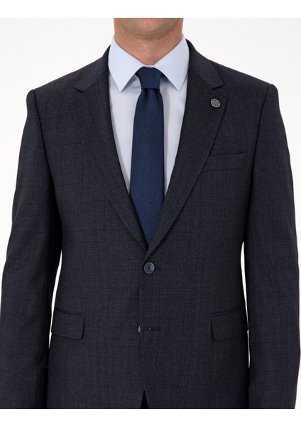 Erkek Lacivert Slim Fit Yün Karışımlı Ekose Takım Elbise 50311523-VR033