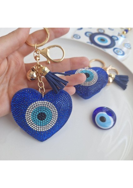 Lüks Hediyelik Nazar Boncuklu Taşlı Kalp Anahtarlık - Çanta Süsü Mavi (14,x7 Cm)