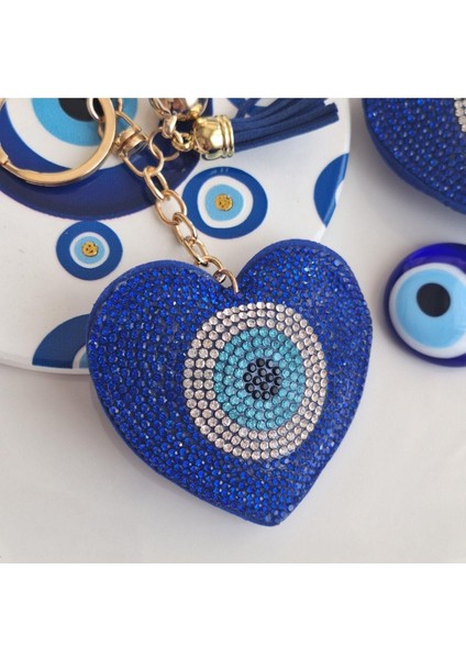 Lüks Hediyelik Nazar Boncuklu Taşlı Kalp Anahtarlık - Çanta Süsü Mavi (14,x7 Cm) fiyatları