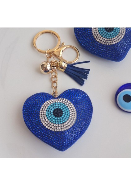 Lüks Hediyelik Nazar Boncuklu Taşlı Kalp Anahtarlık - Çanta Süsü Mavi (14,x7 Cm) modelleri