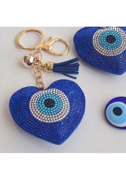 Lüks Hediyelik Nazar Boncuklu Taşlı Kalp Anahtarlık - Çanta Süsü Mavi (14,x7 Cm) fırsatları