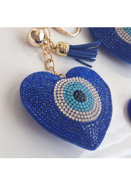 Lüks Hediyelik Nazar Boncuklu Taşlı Kalp Anahtarlık - Çanta Süsü Mavi (14,x7 Cm) indirimleri