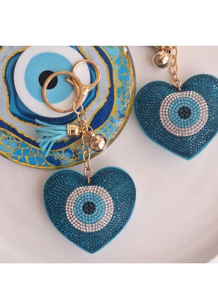 Lüks Hediyelik Nazar Boncuklu Taşlı Kalp Anahtarlık - Turkuaz - Çanta Süsü (14X7 Cm)