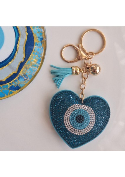 Lüks Hediyelik Nazar Boncuklu Taşlı Kalp Anahtarlık - Turkuaz - Çanta Süsü (14X7 Cm) fiyatları