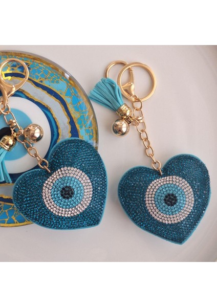 Lüks Hediyelik Nazar Boncuklu Taşlı Kalp Anahtarlık - Turkuaz - Çanta Süsü (14X7 Cm) modelleri