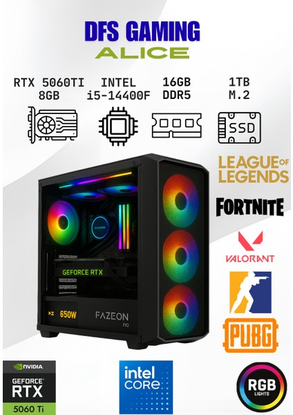 Dfs Gaming Alıce Intel I5 14400F-H610M-RTX 5060 Tı 8GB-16GB Ddr5 Ram-1tb M.2 Ssd-Oyuncu Bilgisayarı Sistem Tavsiyesi