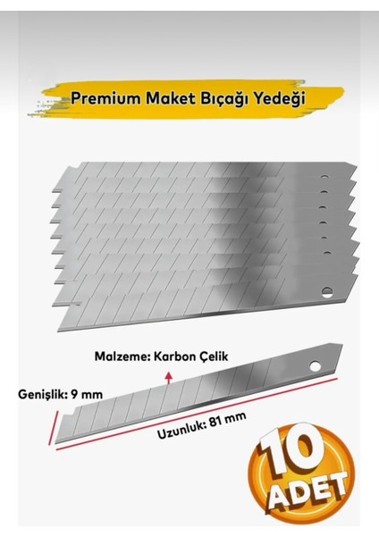 10'lu Maket Bıçağı Yedeği Dar Tip Jilet Bıçak Ucu 9 mm (10 Adet)
