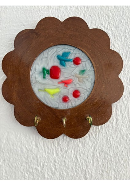 - Kuş Figürlü Renkli - Epoksi Ahşap Anahtar Askılığı (Tek Ürün) - Çap: 18 cm