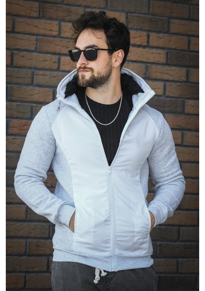 Fokt Üç Ip Şardonlu Parça Detaylı Gizli Kapüşonlu Erkek Sweatshirt