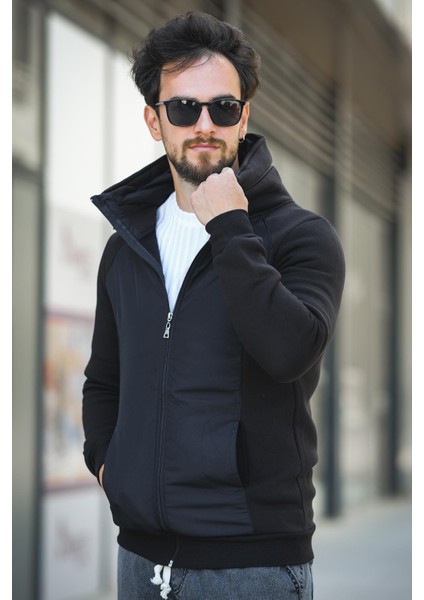 Fokt Üç Ip Şardonlu Parça Detaylı Gizli Kapüşonlu Erkek Sweatshirt
