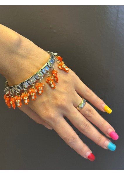 Çelik Turuncu Ayıcıklı Charm Lastikli Bileklik