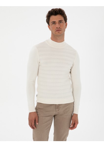 Erkek Ekru Slim Fit Çeyrek Yaka Triko Kazak 50315751-VR019