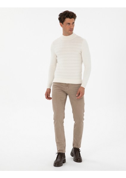 Erkek Ekru Slim Fit Çeyrek Yaka Triko Kazak 50315751-VR019 fırsatları