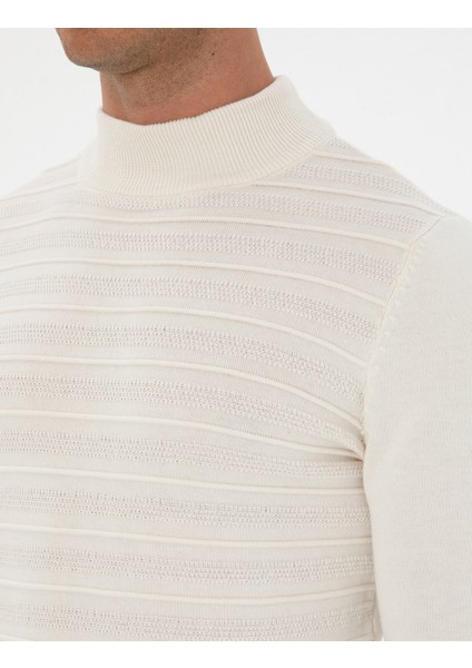 Erkek Ekru Slim Fit Çeyrek Yaka Triko Kazak 50315751-VR019