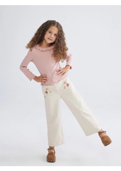 Lcw Kids Ekru Beli Lastikli Çiçekli Kız Çocuk Pantolon