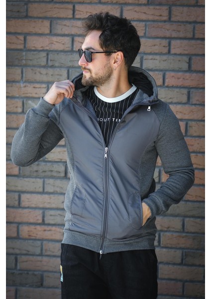 Fokt Üç Ip Şardonlu Parça Detaylı Gizli Kapüşonlu Erkek Sweatshirt