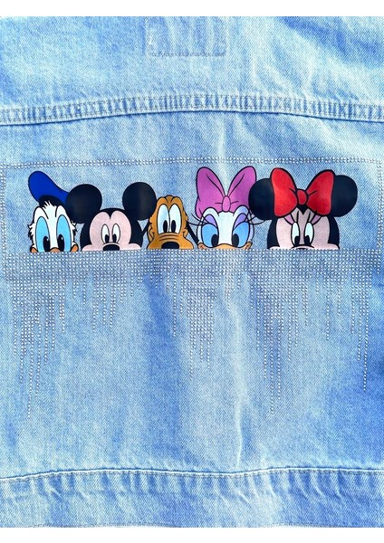 Taş Baskılı Çizgi Film Karakterli Kız Çocuk Kot Ceket modelleri