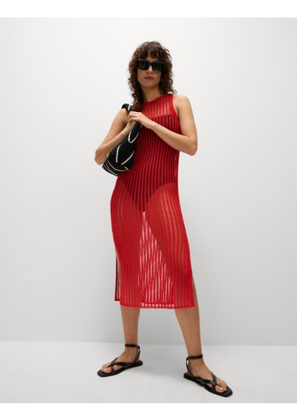 Dokulu Midi Örme Elbise