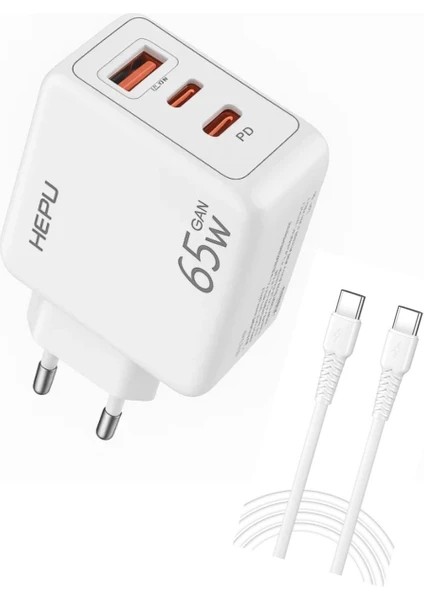 “hepu 65W Hızlı Şarj Adaptör – 2 Type-C + 1 USB Çıkış, Type-C Kablo Dahil | Laptop, Iphone, Samsung, iPad Uyumlu”