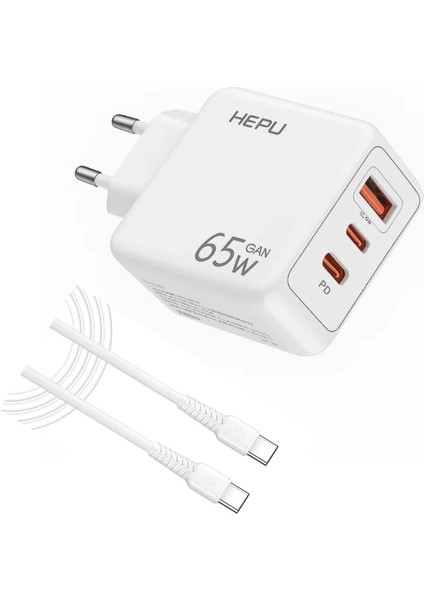 “hepu 65W Hızlı Şarj Adaptör – 2 Type-C + 1 USB Çıkış, Type-C Kablo Dahil | Laptop, Iphone, Samsung, iPad Uyumlu” fiyatları