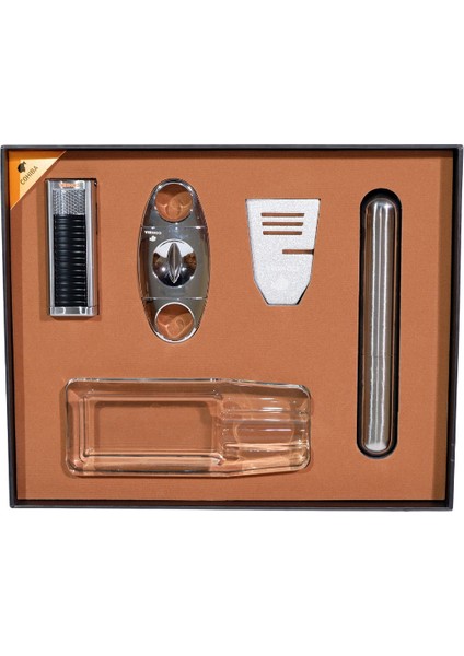 Çakmak Kesici Küllük Sehpa Tüp Gümüş Beşli Puro Seti