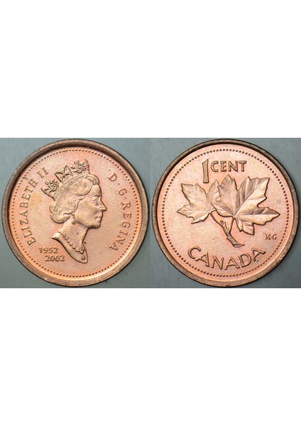 Kanada 1 Cent 2002 Sirkülasyon Hatıra. Kraliçe Iı. Elizabeth 50. Taht Yılı 1952-2002 Altın Jübile. 19.05 mm Çilaltı