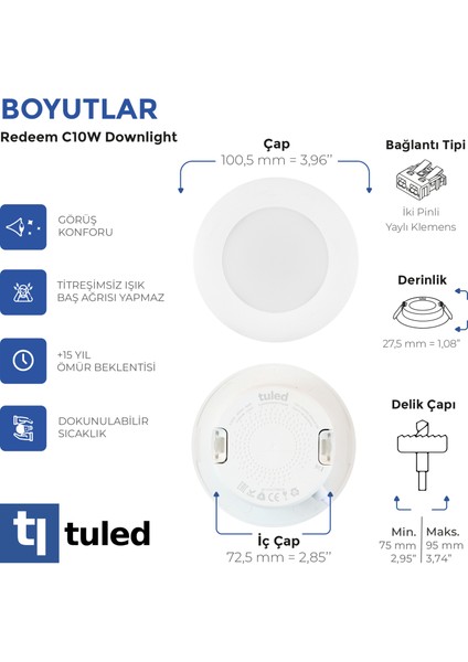 Redeem C10W Downlight, Titreşimsiz, Göz Konforu, Tekli, 597 Lümen, Tatlı Beyaz, 3500 Kelvin fırsatları