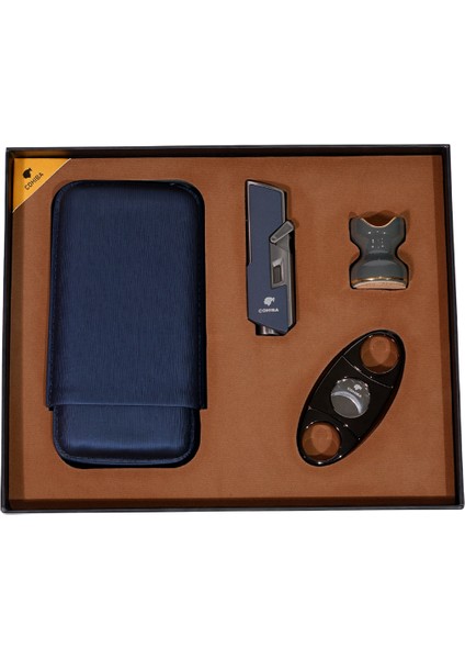 Çakmak Kesici Kılıf Sehpa Lacivert-Gunmetal Dörtlü Puro Seti