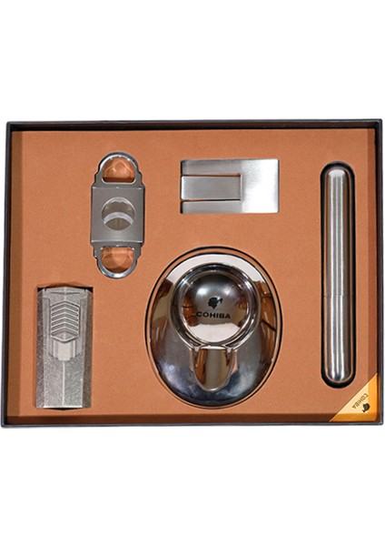 Çakmak Kesici Küllük Sehpa Tüp Gümüş Beşli Puro Seti