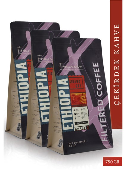 Arabica Ethiopia Filtre | Orta Kavrum | Çekirdek Kahve | 3*250 gr | Orta Gövde- Dolgun Tat