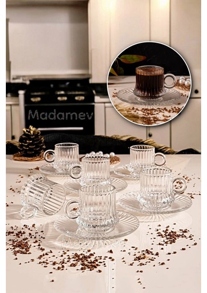 12 Parça Cam Kahve Fincan Seti Çizgili Desen Nescafe Fincanı Cam Tabaklı Çay Takımı 125CC