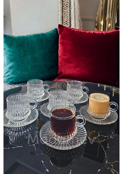 12 Parça Cam Kahve Fincan Seti Çizgili Desen Nescafe Fincanı Cam Tabaklı Çay Takımı 125CC fiyatları