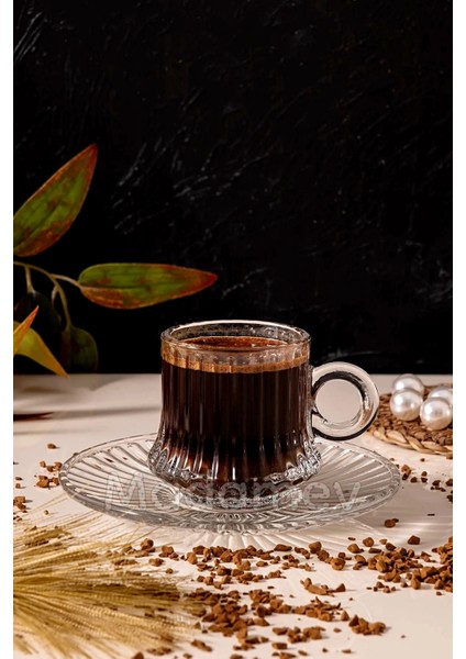 12 Parça Cam Kahve Fincan Seti Çizgili Desen Nescafe Fincanı Cam Tabaklı Çay Takımı 125CC fırsatları