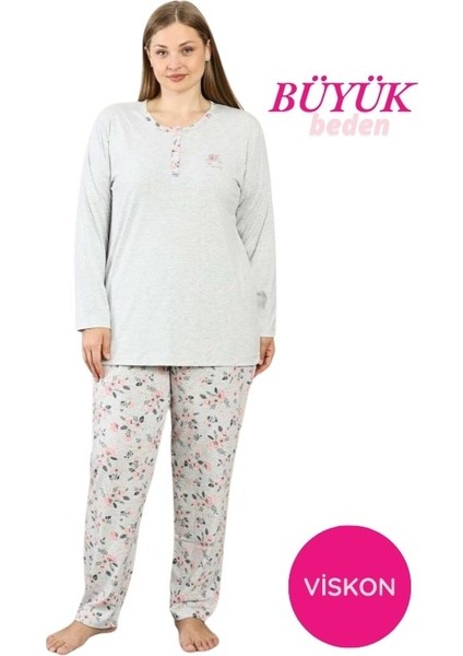 Kadın Büyük Beden Gri Çiçek Desen 3 Düğmeli Mevsimlik Uzun Kol Pijama Takımı