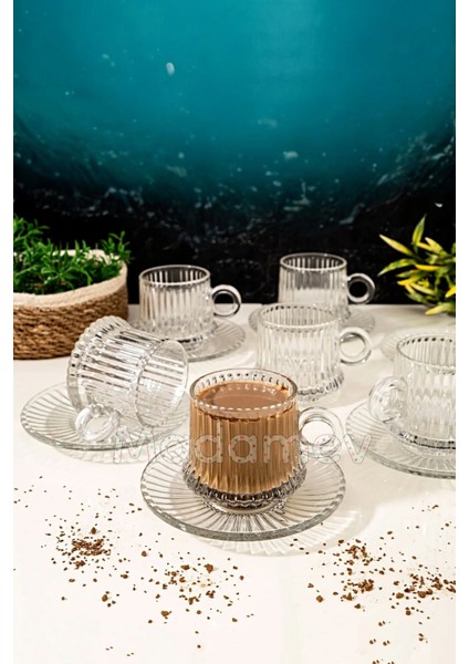 12 Parça Cam Kahve Fincan Seti Çizgili Desen Nescafe Fincanı Cam Tabaklı Çay Takımı 125CC indirimleri