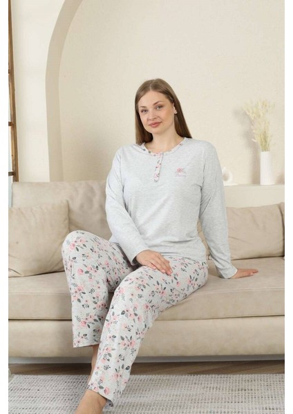 Kadın Büyük Beden Gri Çiçek Desen 3 Düğmeli Mevsimlik Uzun Kol Pijama Takımı fiyatları
