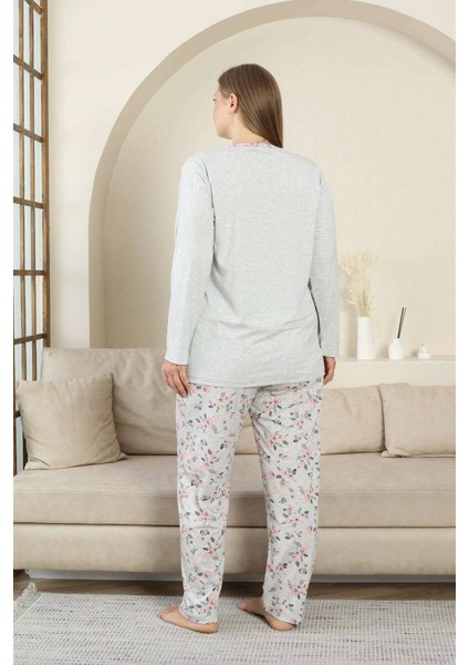 Kadın Büyük Beden Gri Çiçek Desen 3 Düğmeli Mevsimlik Uzun Kol Pijama Takımı indirimleri