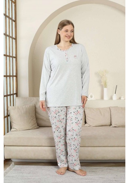 Kadın Büyük Beden Gri Çiçek Desen 3 Düğmeli Mevsimlik Uzun Kol Pijama Takımı