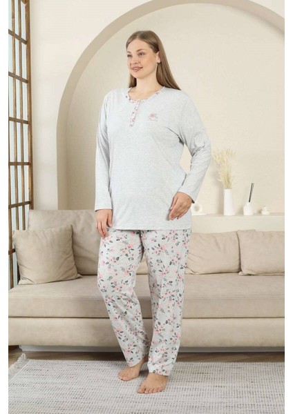 Kadın Büyük Beden Gri Çiçek Desen 3 Düğmeli Mevsimlik Uzun Kol Pijama Takımı fırsatları
