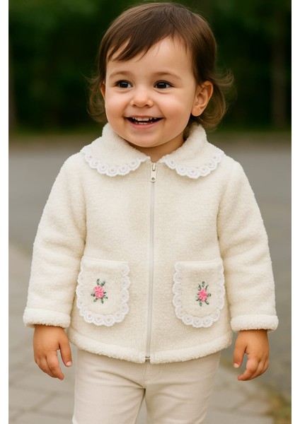 Kız Çocuk Kuzu Welsoft Nakışlı Arkası Atkılı Hırka Yumuşak Dokulu