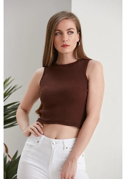 Kadın Zargo Model Fitted/vücuda Oturan Geniş Biyeli Halter Yaka Fitilli Esnek Örme Crop Bluz