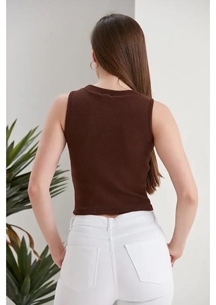 Kadın Zargo Model Fitted/vücuda Oturan Geniş Biyeli Halter Yaka Fitilli Esnek Örme Crop Bluz fiyatları