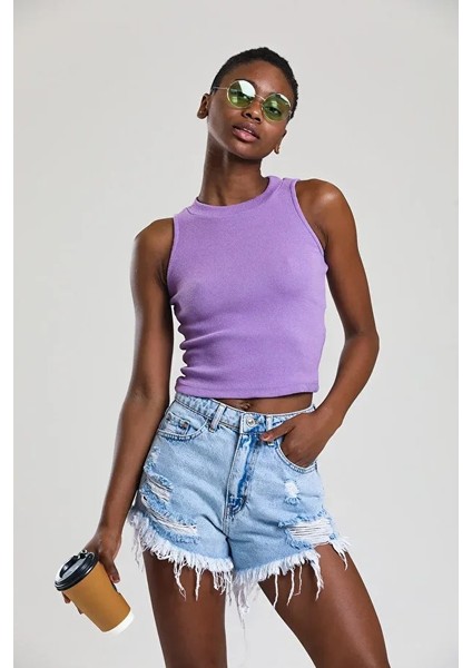 Kadın Zargo Model Fitted/vücuda Oturan Geniş Biyeli Halter Yaka Fitilli Esnek Örme Crop Bluz