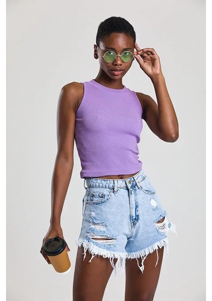 Kadın Zargo Model Fitted/vücuda Oturan Geniş Biyeli Halter Yaka Fitilli Esnek Örme Crop Bluz fiyatları