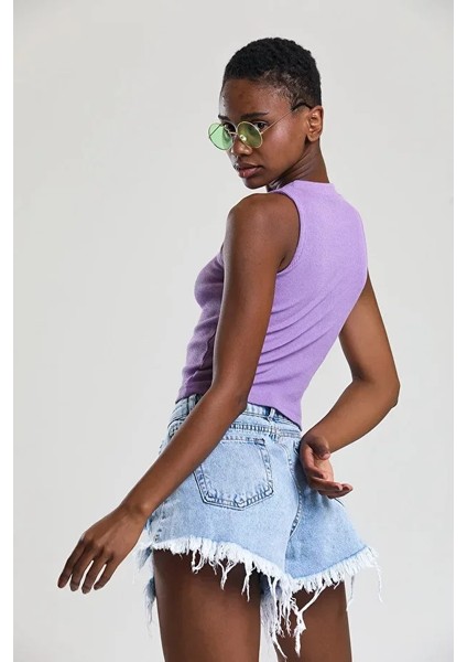 Kadın Zargo Model Fitted/vücuda Oturan Geniş Biyeli Halter Yaka Fitilli Esnek Örme Crop Bluz fırsatları