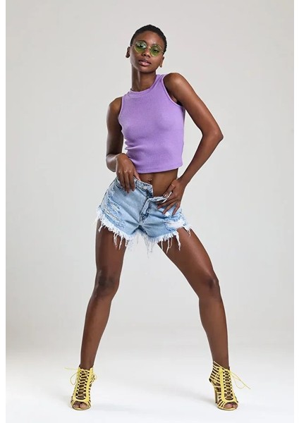 Kadın Zargo Model Fitted/vücuda Oturan Geniş Biyeli Halter Yaka Fitilli Esnek Örme Crop Bluz indirimleri