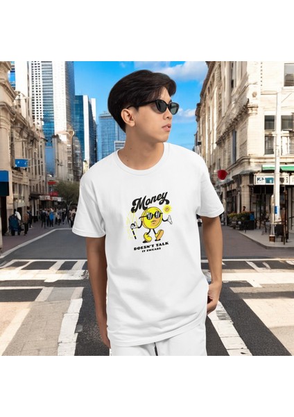 Erkek Beyaz Money Baskılı Oversize Tişört