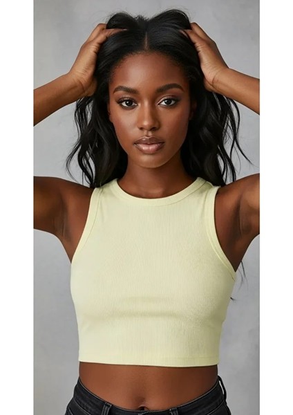 Kadın Zargo Model Fitted/vücuda Oturan Geniş Biyeli Halter Yaka Fitilli Esnek Örme Crop Bluz